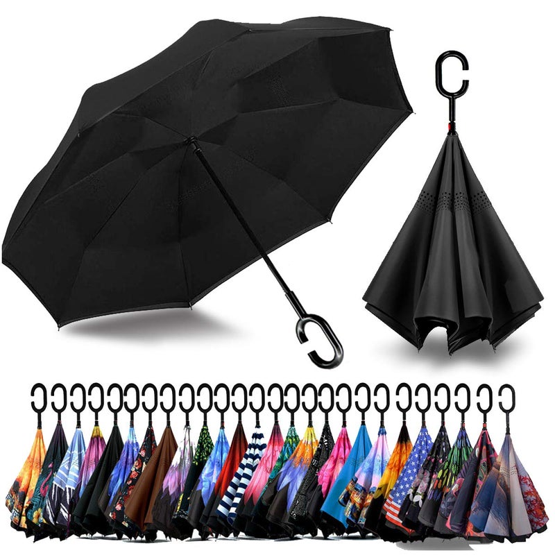 SIEPASA 49/56 Inch Inverted Reverse Upside Down Umbrella, Extra Large Double Canopy Vented Windproof Waterproof Stick Golf Umbrellas with C-shape Handle.ï¼ˆBlack, 49 Inch - Image 1